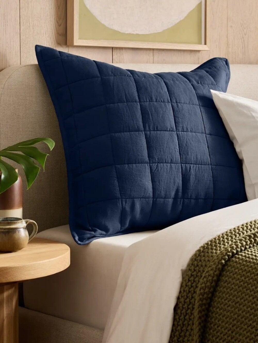 Quince European Linen Box Quilted Euro Sham, Navy - Picture 2 of 3